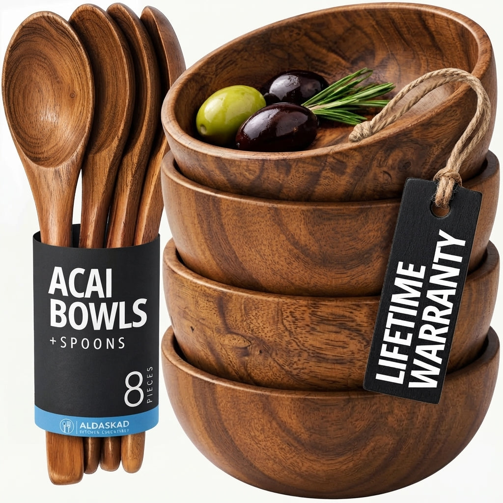 Aldaskad Teak Wood Dipping Bowls Set 8 Piece Mini Serving Spoons