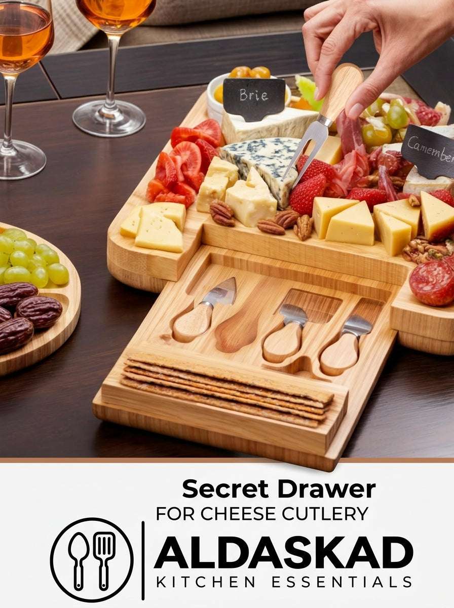 ALDASKAD Premium Bamboo Charcuterie Board Set – Extra Large Cheese Board with Hidden Drawer & Utensil Set