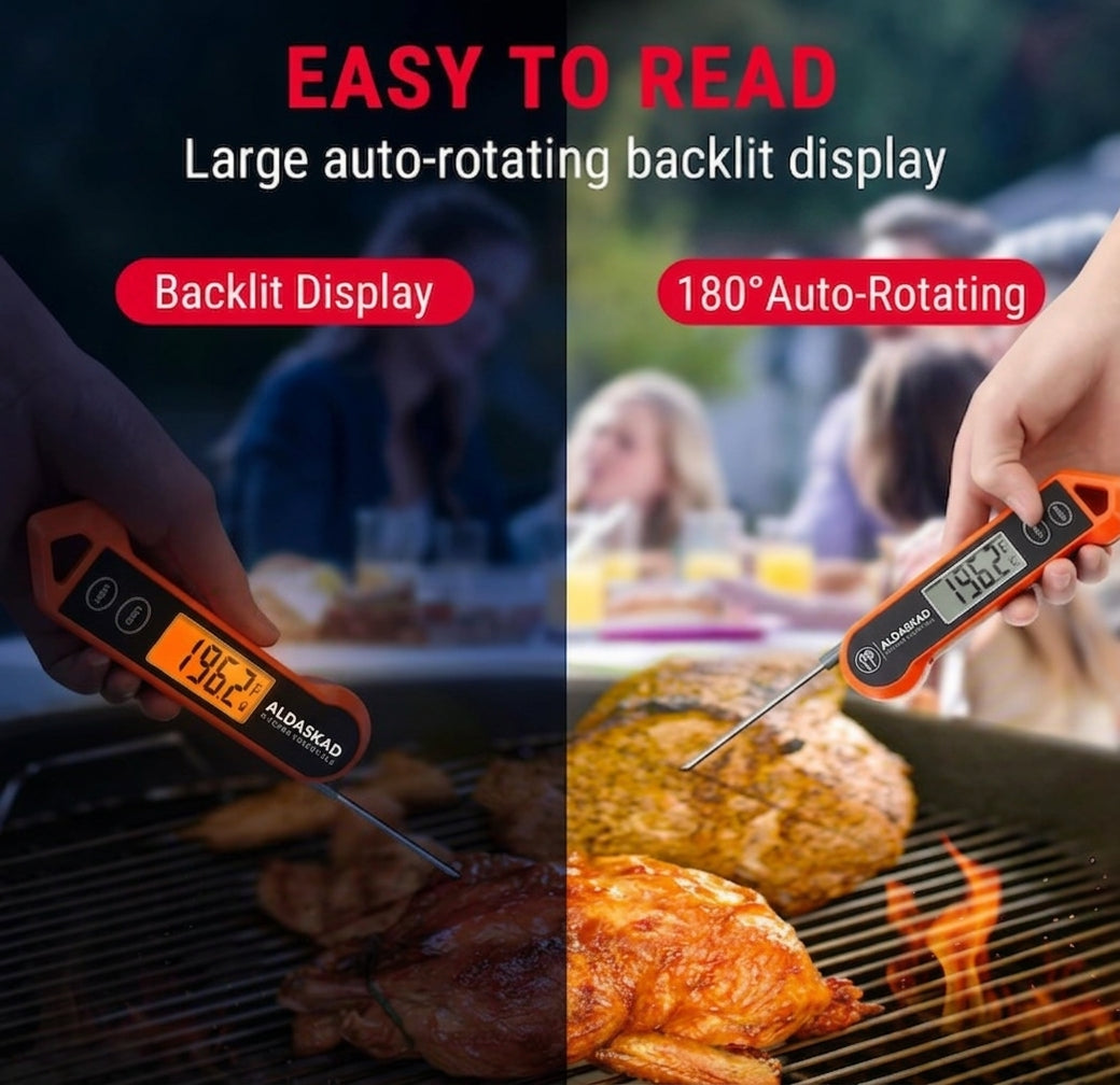 ALDASKAD Instant Read Digital Meat Thermometer – Waterproof Kitchen Thermometer with Auto-Rotating Backlit Display