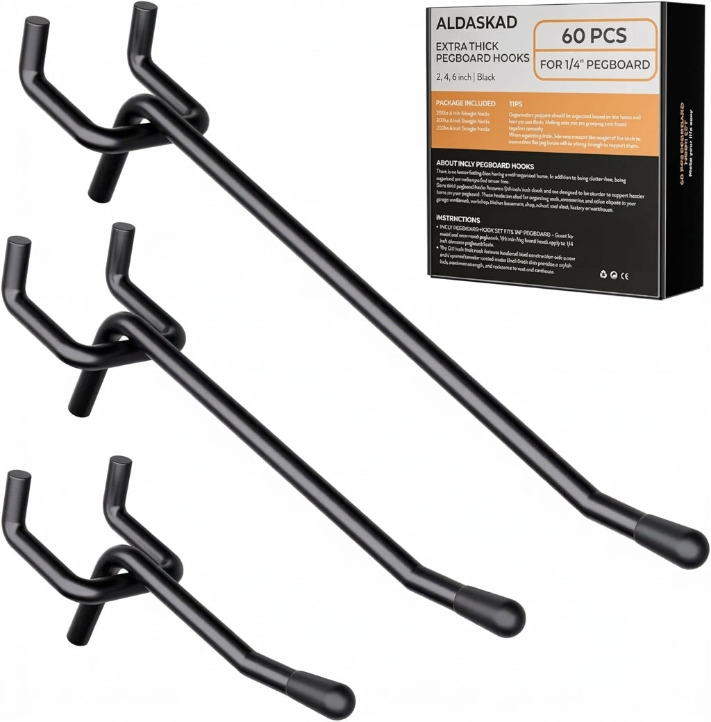 ALDASKAD 60-Pack Heavy-Duty L-Shaped Pegboard Hooks Set (2", 4", 6")