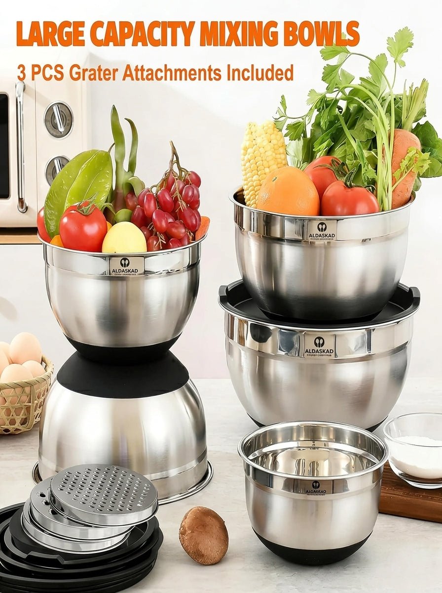 Aldaskad Stainless Steel Mixing Bowls Set with Grater Attachments, Airtight Lids, and Non-Slip Bottoms