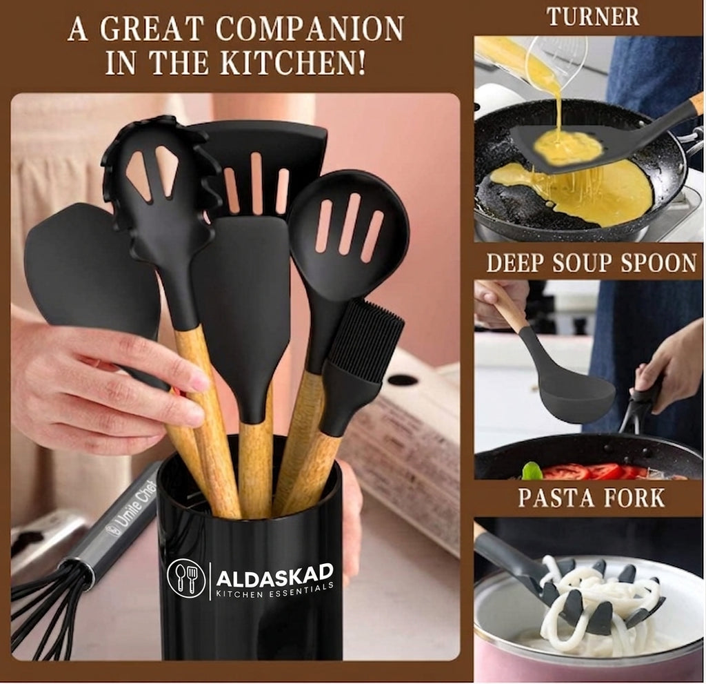 Aldaskad Silicone Kitchen Utensil Set with Wooden Handles for Non-Stick Cookware