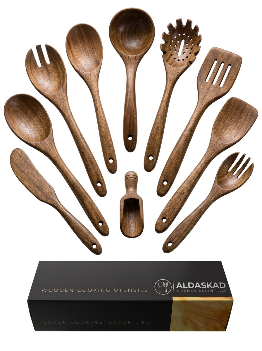 Woodenhouse Teak Wooden Utensils Set for Cooking and Serving Non-Stick Cookware