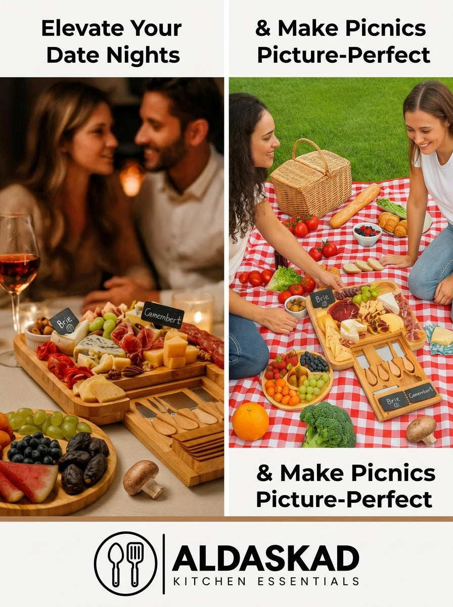 ALDASKAD Premium Bamboo Charcuterie Board Set – Extra Large Cheese Board with Hidden Drawer & Utensil Set