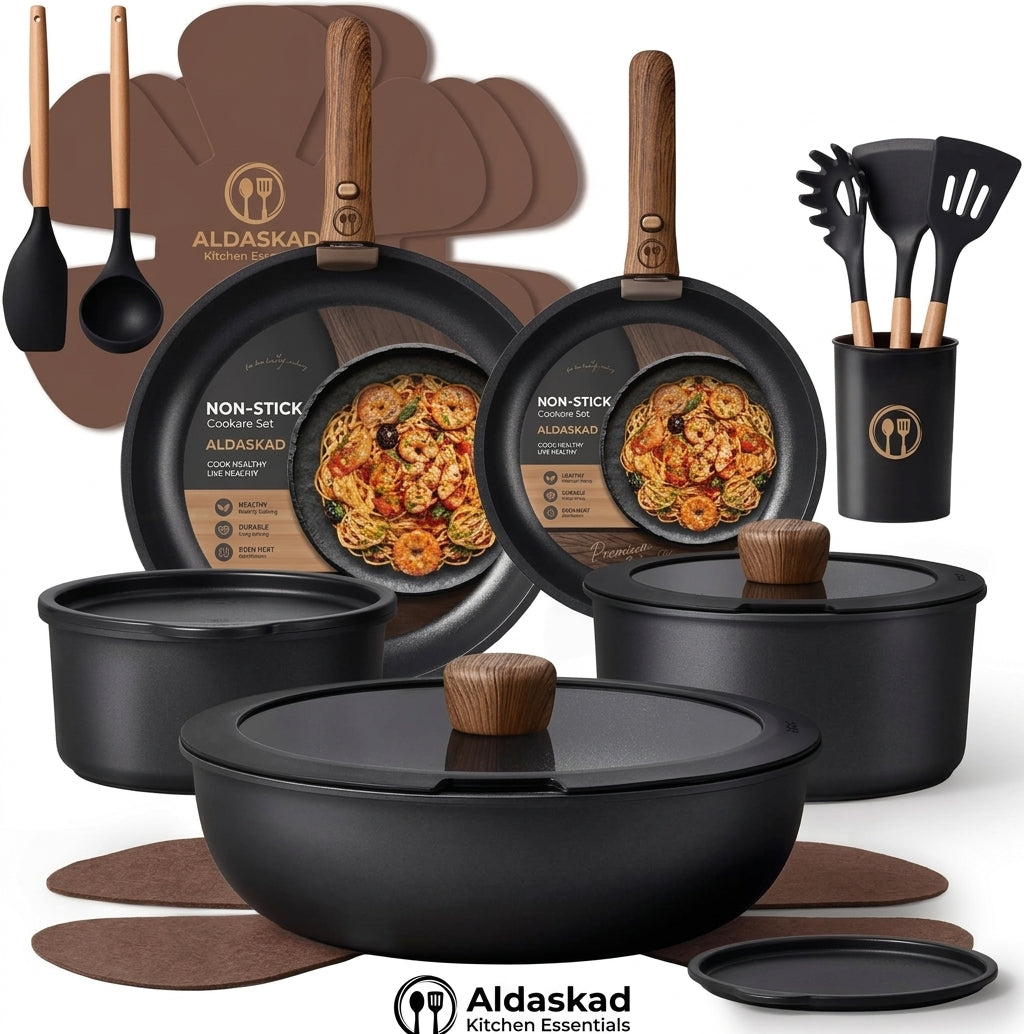 Aldaskad Nonstick Cookware Set 19 Piece Detachable Handles Induction Oven