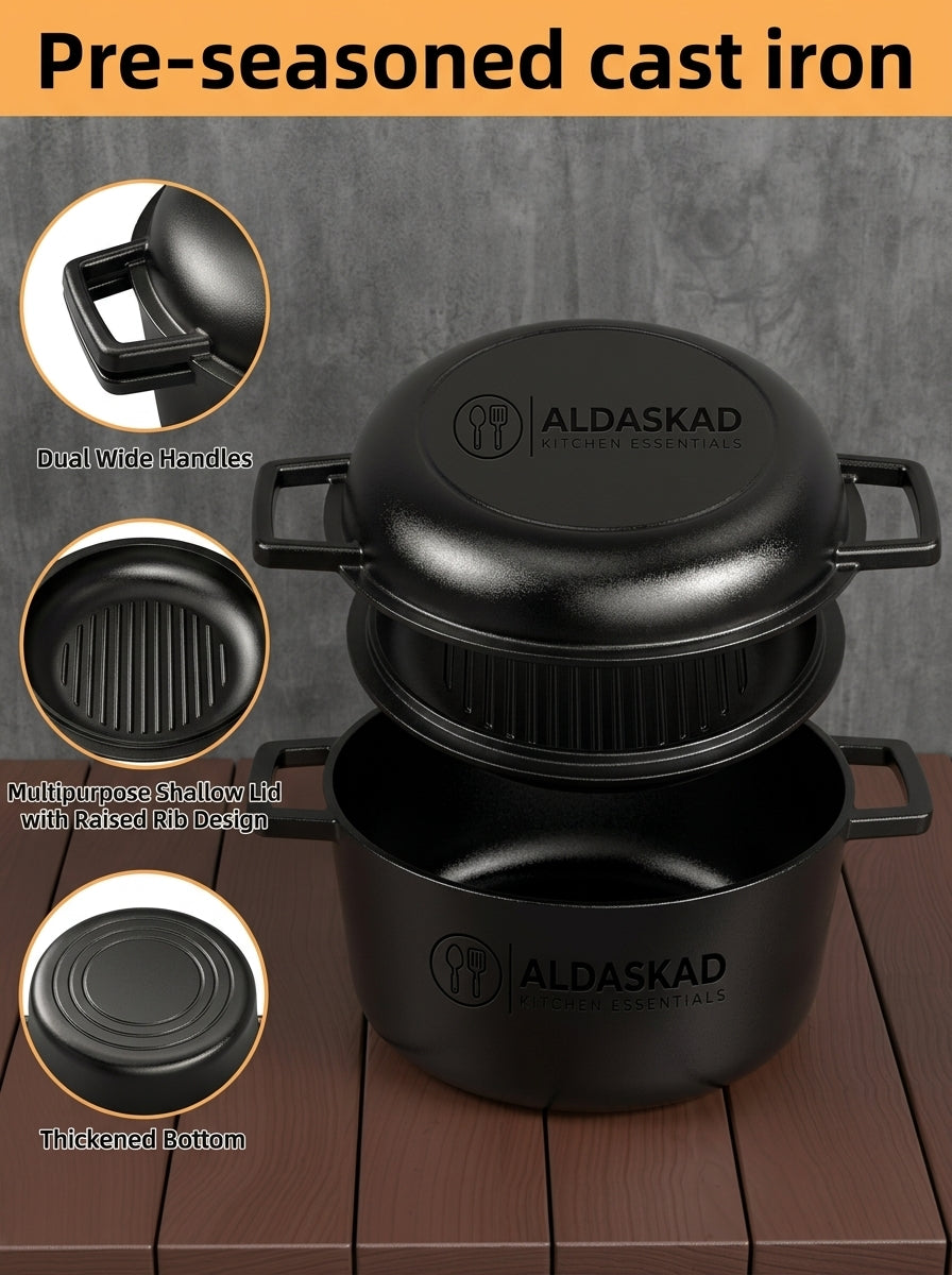 Aldaskad Pre-Seasoned Cast Iron Dutch Oven and Skillet Lid Set