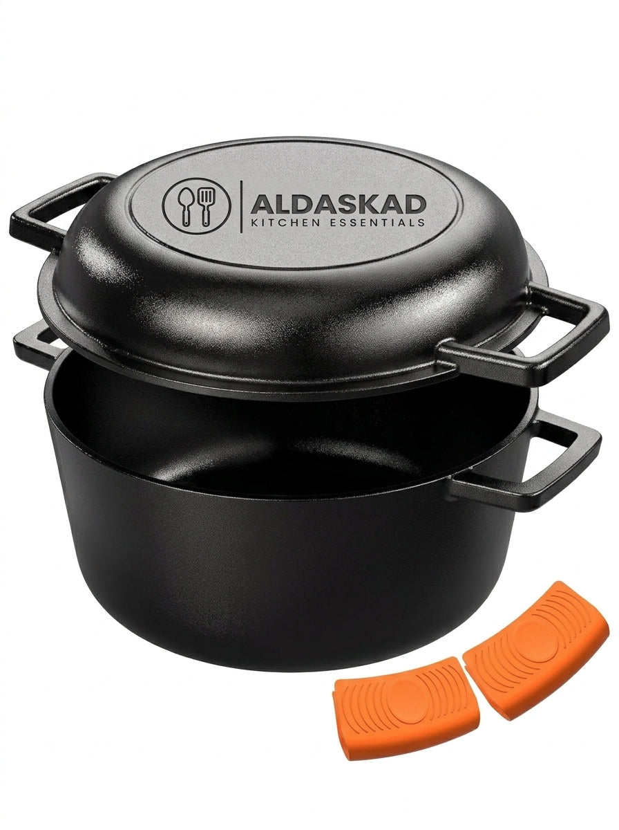 Aldaskad Pre-Seasoned Cast Iron Dutch Oven and Skillet Lid Set