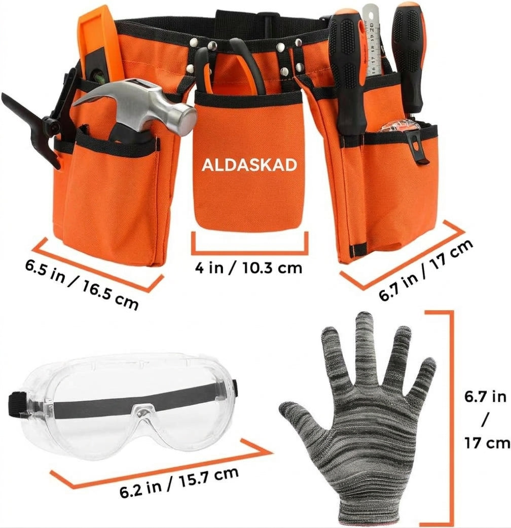 ALDASKAD 18-Piece Kids Real Tool Set with Adjustable Reinforced Tool Belt