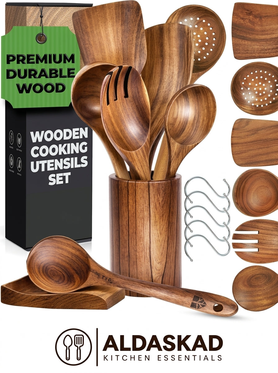 Woodenhouse Teak Wooden Utensils Set for Cooking and Serving Non-Stick Cookware