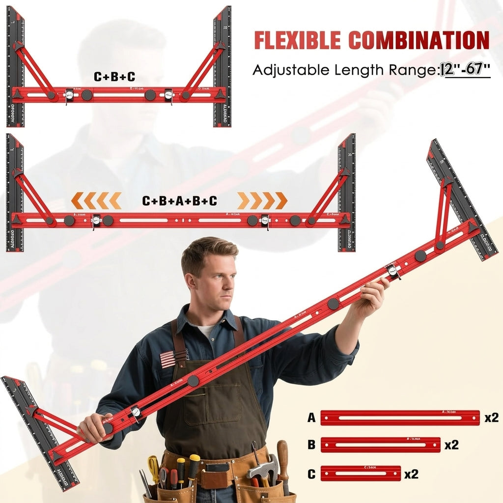 ALDASKAD Heavy-Duty Aluminum Stair Tread Template Tool with Triangular Brace & Edge Flip Stops (12" to 67")