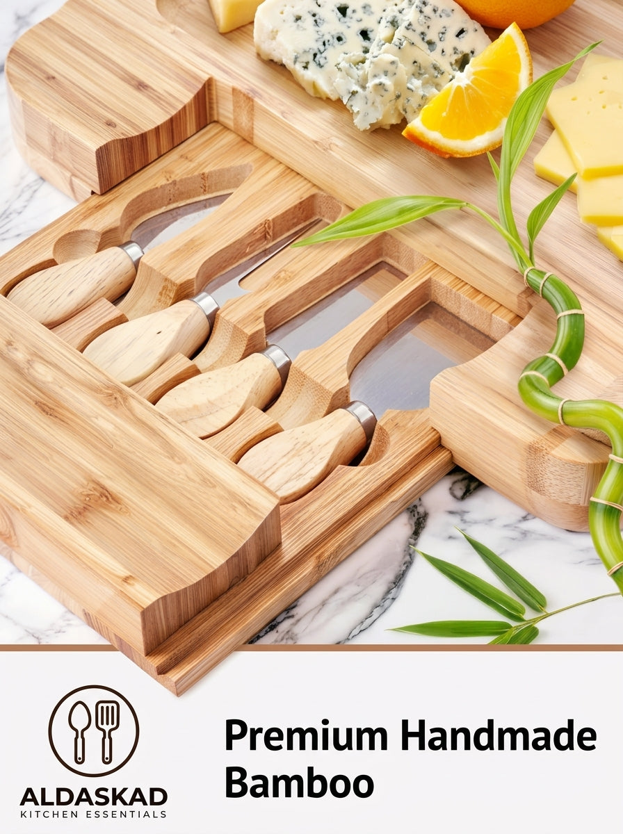 ALDASKAD Premium Bamboo Charcuterie Board Set – Extra Large Cheese Board with Hidden Drawer & Utensil Set