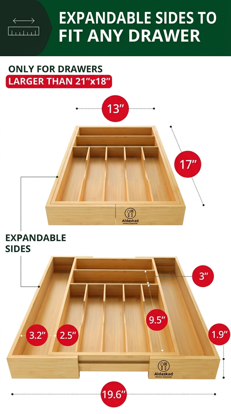 Aldaskad Expandable Bamboo Drawer Organizer 9 Slot Utensil Silverware Tray