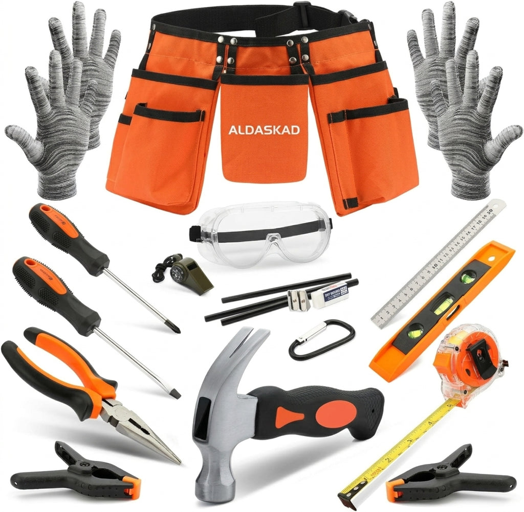 ALDASKAD 18-Piece Kids Real Tool Set with Adjustable Reinforced Tool Belt