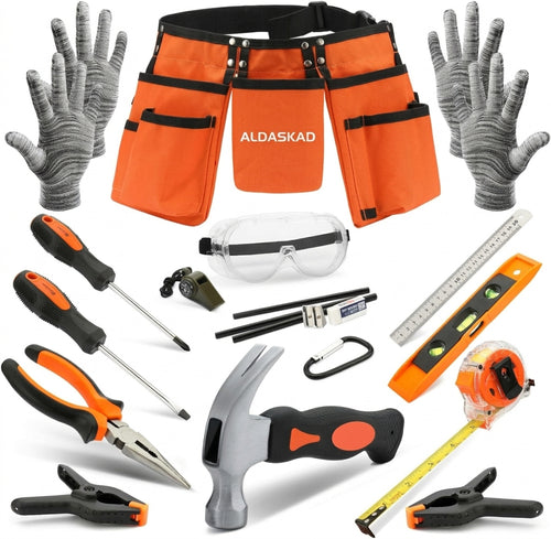 ALDASKAD 18-Piece Kids Real Tool Set with Adjustable Reinforced Tool Belt