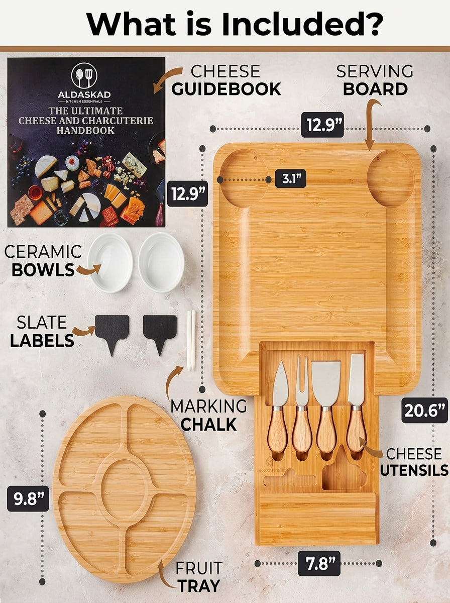 ALDASKAD Bamboo Charcuterie Board Set – Extra Large Cheese Board with Hidden Drawer & Utensil Set