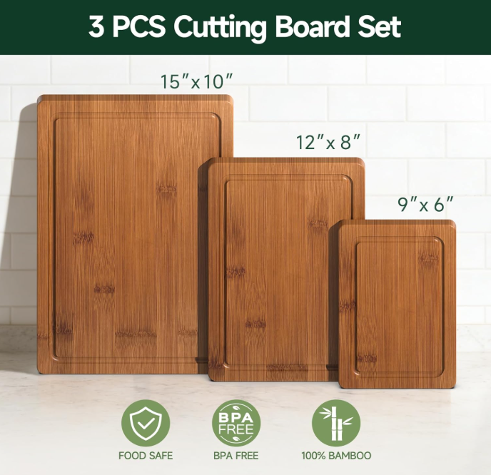 Woodenhouse 3-Piece Carbonized Bamboo Cutting Board Set with Deep Juice Grooves
