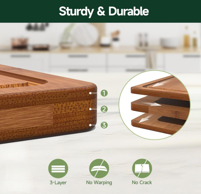 Woodenhouse 3-Piece Carbonized Bamboo Cutting Board Set with Deep Juice Grooves