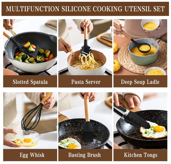 Aldaskad Silicone Kitchen Utensil Set with Wooden Handles for Non-Stick Cookware