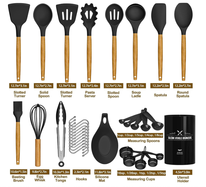Aldaskad Silicone Kitchen Utensil Set with Wooden Handles for Non-Stick Cookware