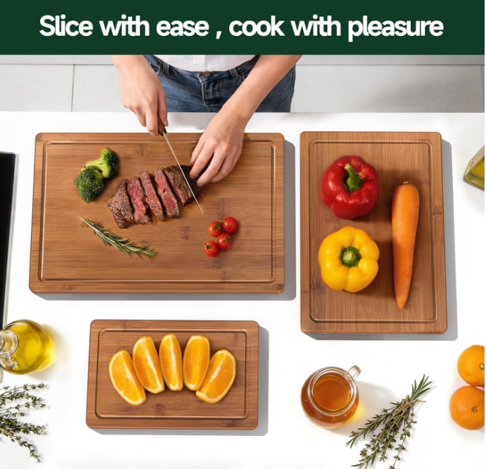 Woodenhouse 3-Piece Carbonized Bamboo Cutting Board Set with Deep Juice Grooves