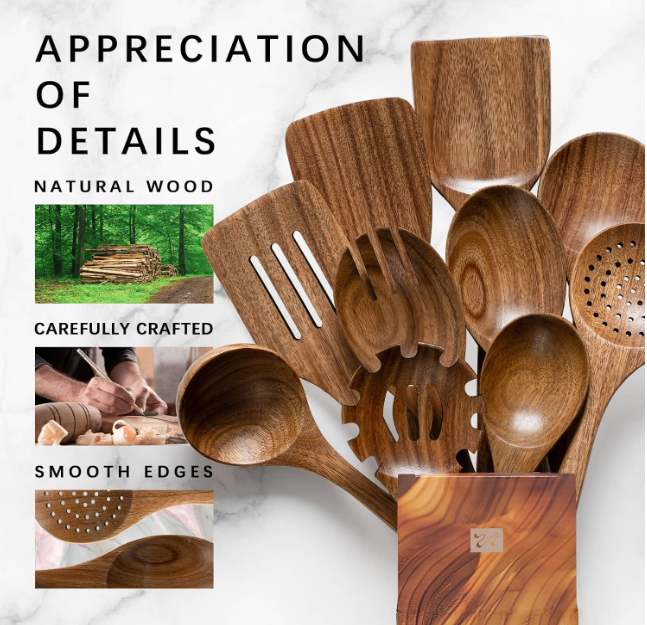 Aldaskad Cooking Teak Wooden Utensils Set and Serving Non-Stick Cookware
