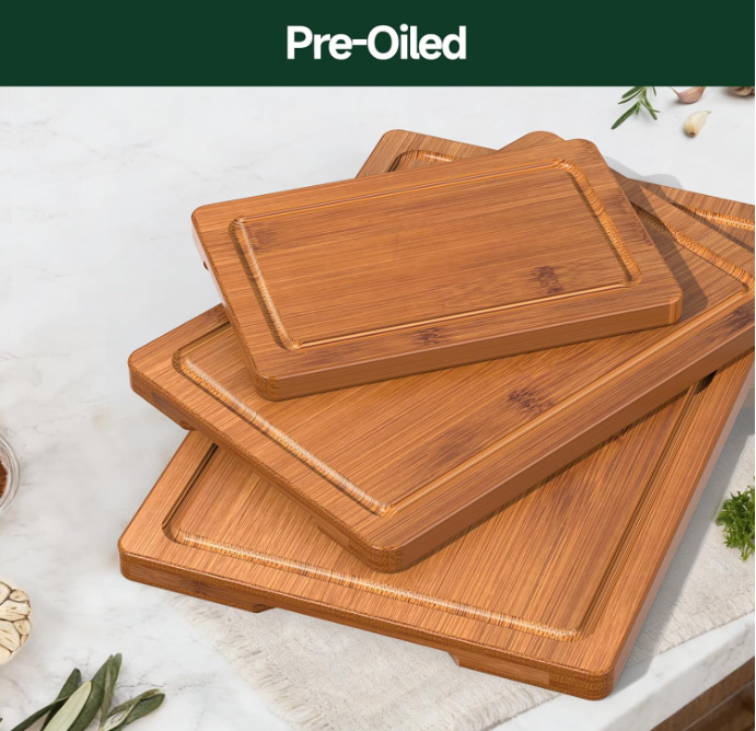Woodenhouse 3-Piece Carbonized Bamboo Cutting Board Set with Deep Juice Grooves