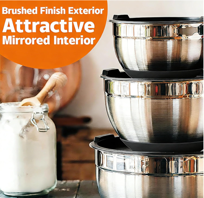 Aldaskad Stainless Steel Mixing Bowls Set with Grater Attachments, Airtight Lids, and Non-Slip Bottoms