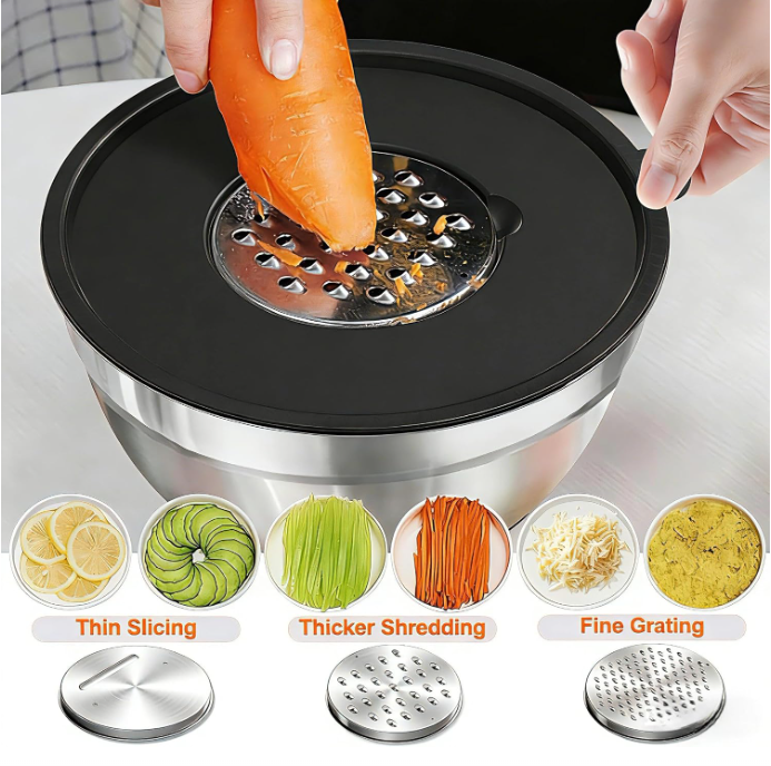 Aldaskad Stainless Steel Mixing Bowls Set with Grater Attachments, Airtight Lids, and Non-Slip Bottoms
